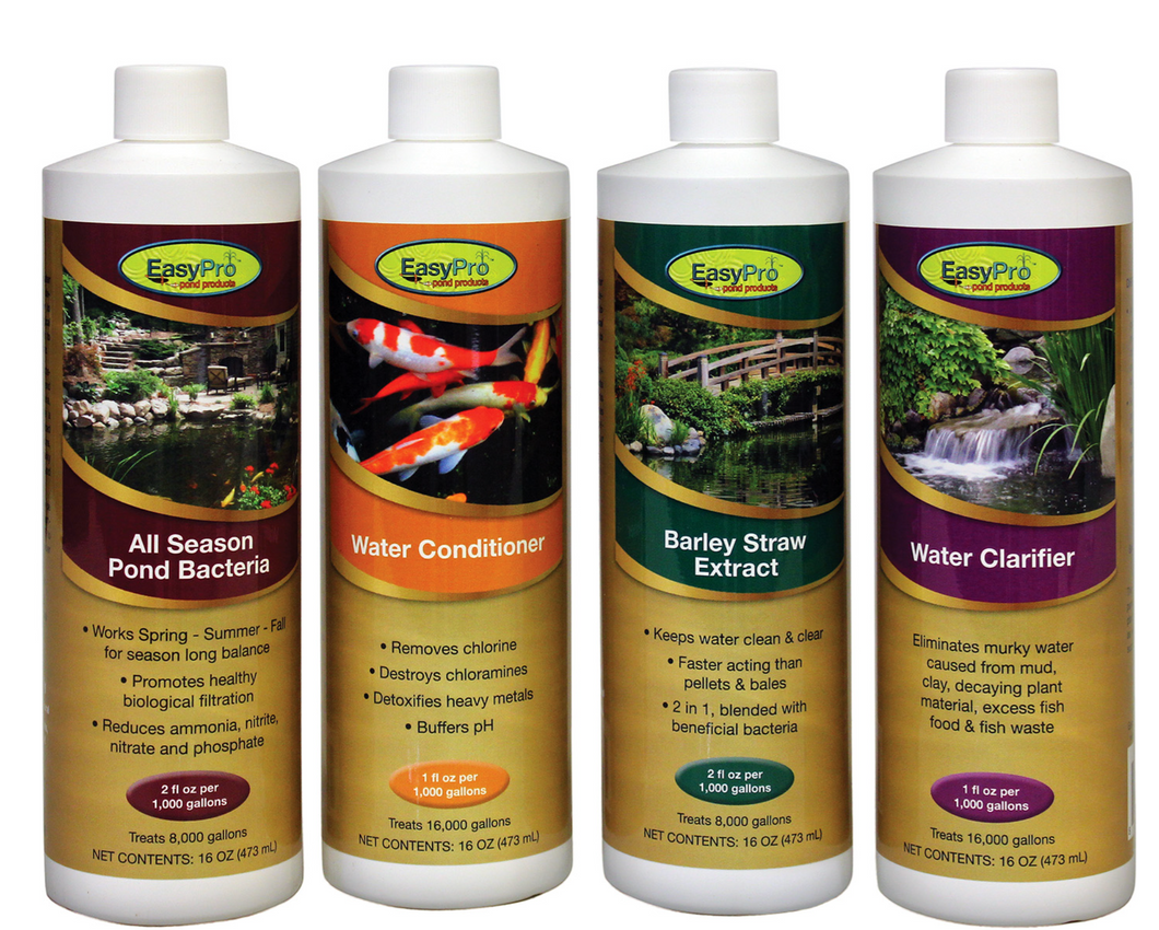 WTP4 All-In-One Package – Includes 16 oz Clarifier; All Season Bacteria; Liquid Barley Extract; Water Conditioner