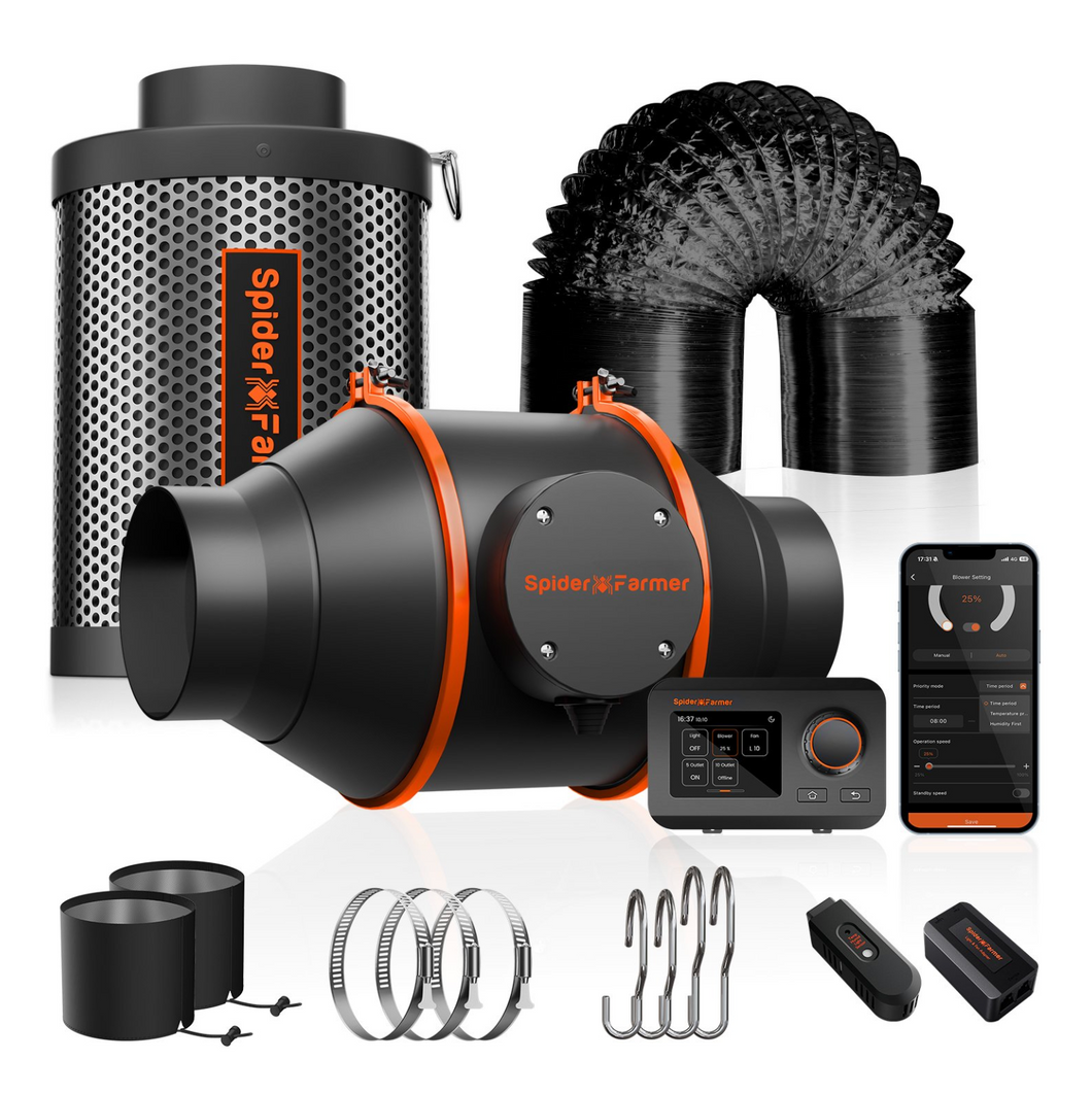 2025 New Spider Farmer®6” Inline Fan Kits 402CFM with GGS Controller Carbon Filter & Ducting Combo Grow Tent Ventilation System