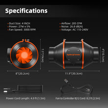 Load image into Gallery viewer, Spider Farmer®100mm 4″ Inch Inline Fan 205 CFM with Speed Controller RJ12 Port, Grow Tent Ventilation, GGS Controller Compatible
